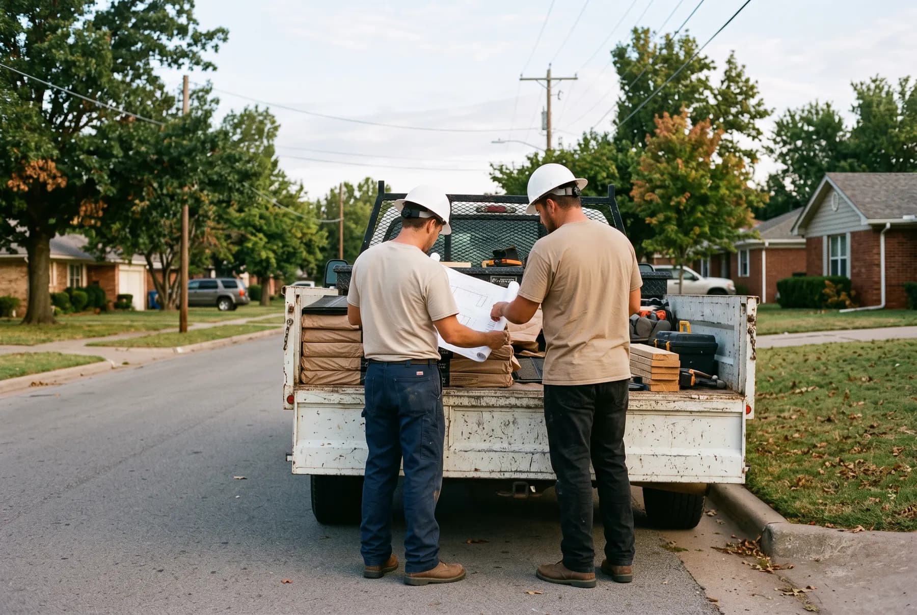 Two roofers at the tailgate of a plain flatbed truck loaded with shingle bundles.