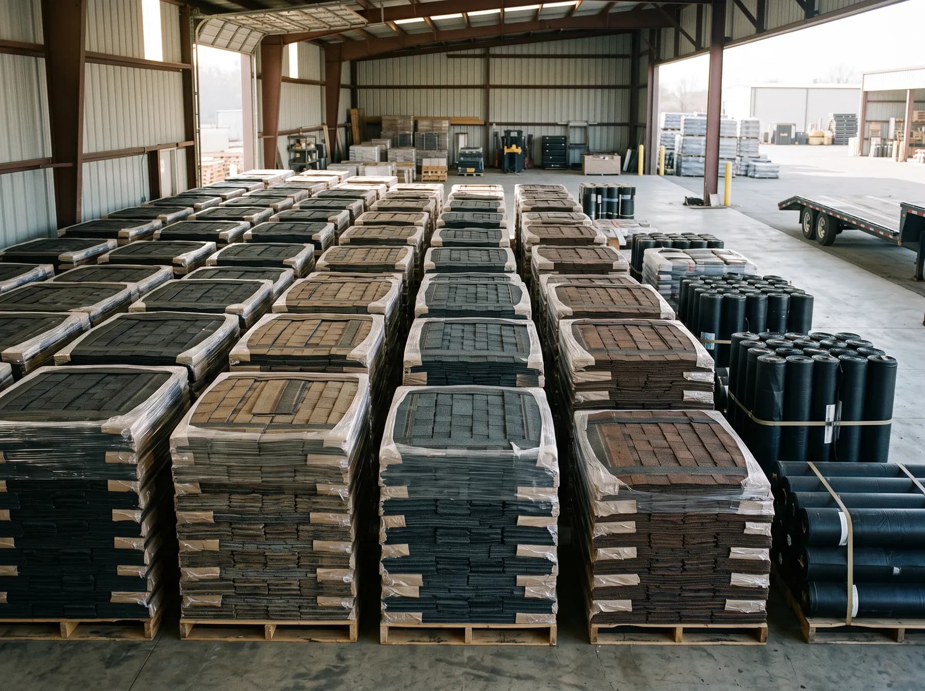 Bundles of architectural shingles stacked in neat rows in a contractor's yard.