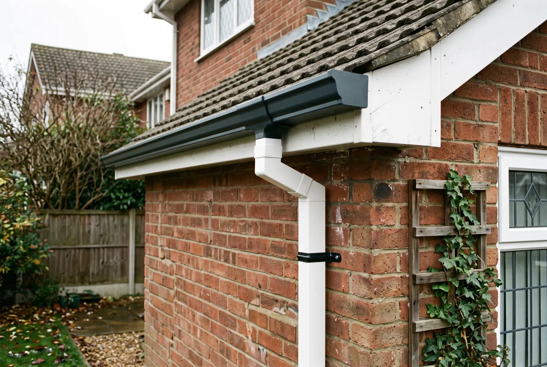 A newly installed seamless gutter run along a house eave.
