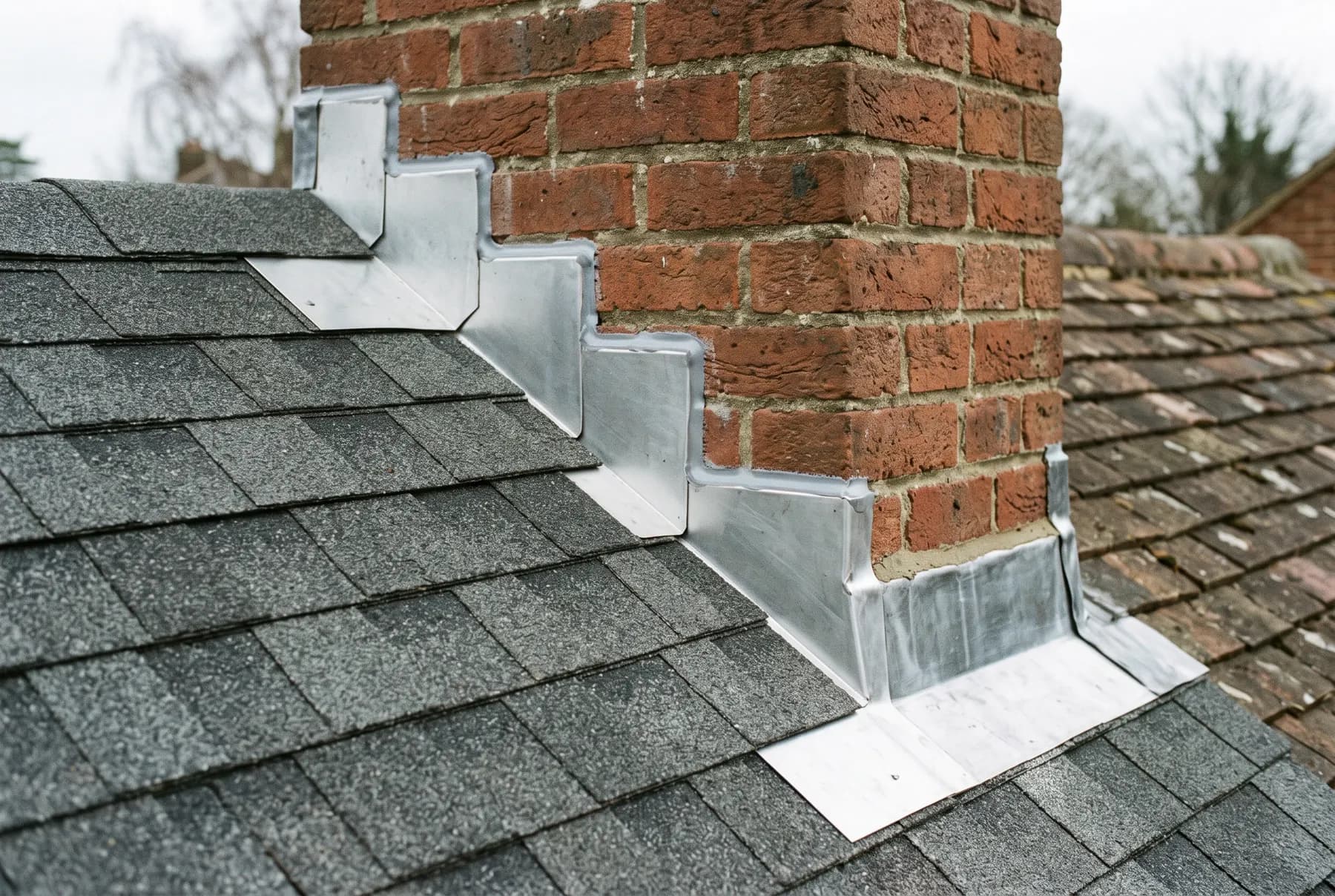 Newly installed step flashing where a roof plane meets a brick chimney.